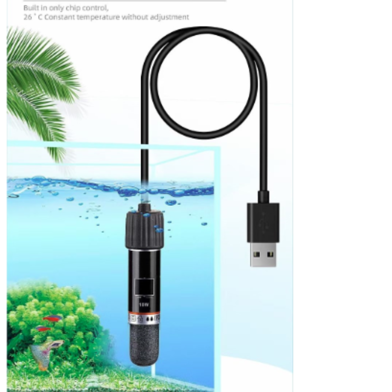 Fish Tank Heater - USB接続の小型水槽用ヒーター（10W）。小型水槽に設置可能で、水温を26℃に保ちます。 ° C 定温